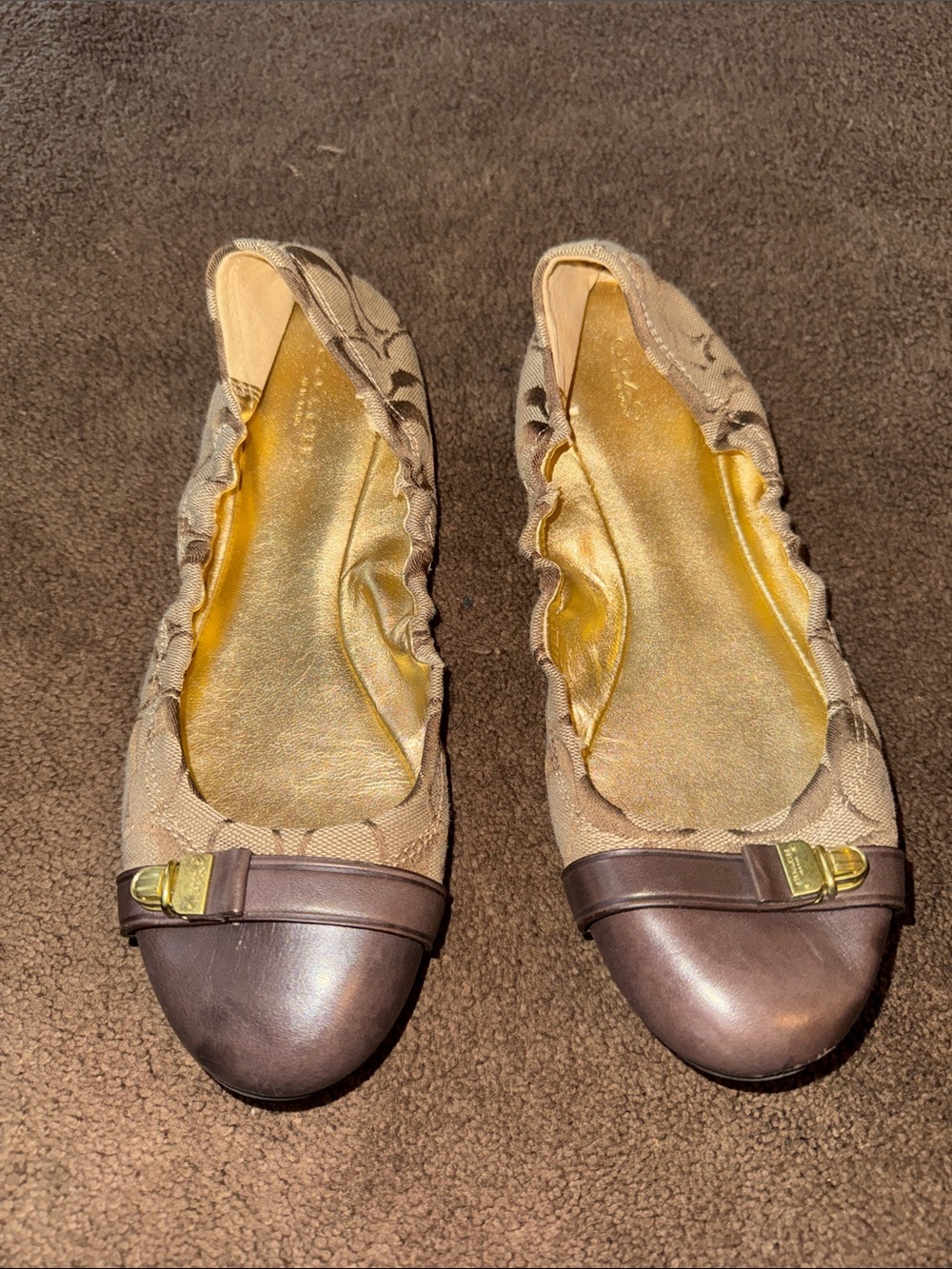 Coach Tan Signature Canvas and Brown Leather Toe Ballet Flats with Gold Buckle